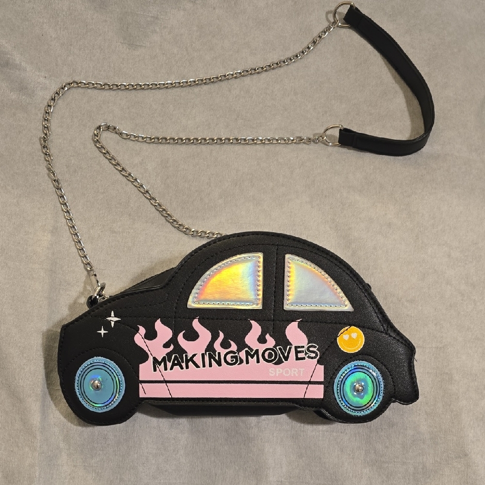 Black and Pink Race Car Shaped Novelty Crossbody Bag Vroom Vroom NWOT
